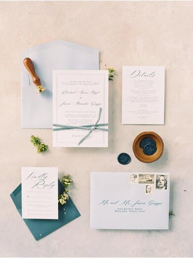Simple and Clean Wedding Invitation in Navy, Dusty Blue and Slate with Velvet Ribbon