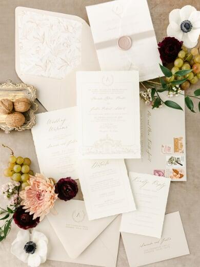 Taupe and Blush Monogram Invitation Deckled with Vellum Wrap, Linen Ribbon & Wax Seal with Venue Illustration of The Olana in Dallas Texas