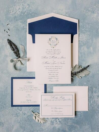 Traditional All Script Wedding Invitation in Navy with Water Color Monogram Crest