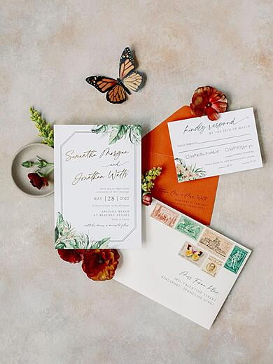 Tropical Destination Wedding with Greenery and Gold Foil with Pops of Burnt Orange