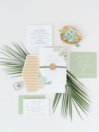 Tropical, Formal Letterpress Wedding Invitation with Palm Tree Leaves, Green Ribbon and Gold Wax Seal on Vellum Wrap and Guest Printing