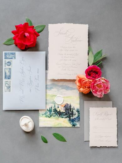 Tuscan Water Color Scene on Vellum Jacket Wedding Invitation with Deckled Edges and Modern Calligraphy with Wax Seal