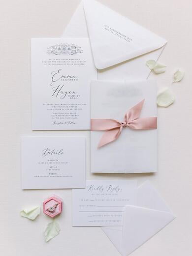 Vellum Wrapped Wedding Invitation Featuring Sketch of Knotting Hill Tied with Satin Blush Ribbon