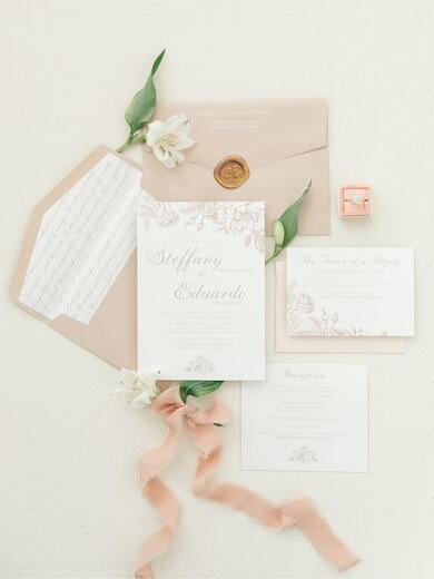 Vintage Floral Wedding Invitation in Blush and Champagne Gold with Script Envelope Liner, Details Insert and RSVP