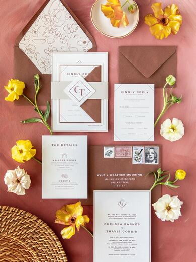 Warm Letterpress Wedding Invitation with Clean, Modern Design in Sepia, Brown and Terra-Cotta
