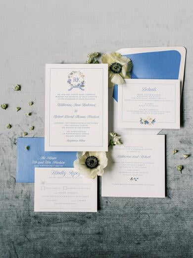 Water Color Floral Wreath Monogram, Letterpress with Blue Envelope Liner