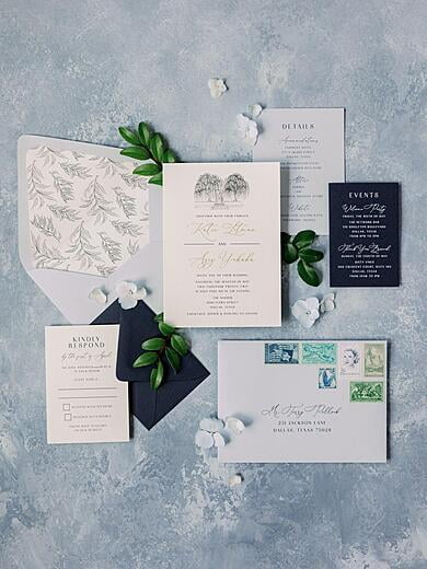 Wedding Invitation with Custom Sketch Illustration of Weeping Willow Trees at the Nasher Sculpture Center Dallas in Shades of Blue and Navy