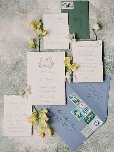 Wedding Invitation with Wine Vineyard Inspired Water Color Monogram Crest in Shades of Blue, Yellow and Green