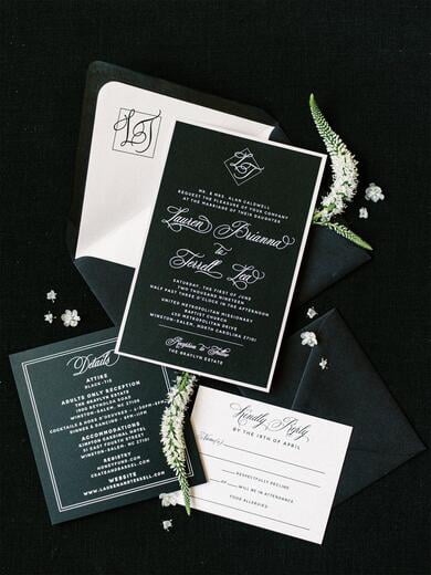 White Foil Stamp Invitation on Black with Simple Wedding Monogram