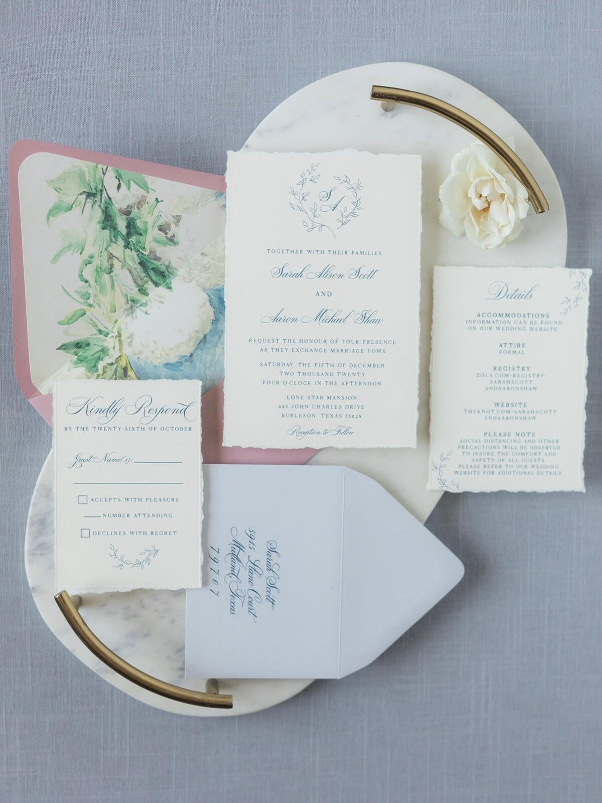 Line Drawn Greenery Wreath Monogram Wedding Invitation in Blush and Navy