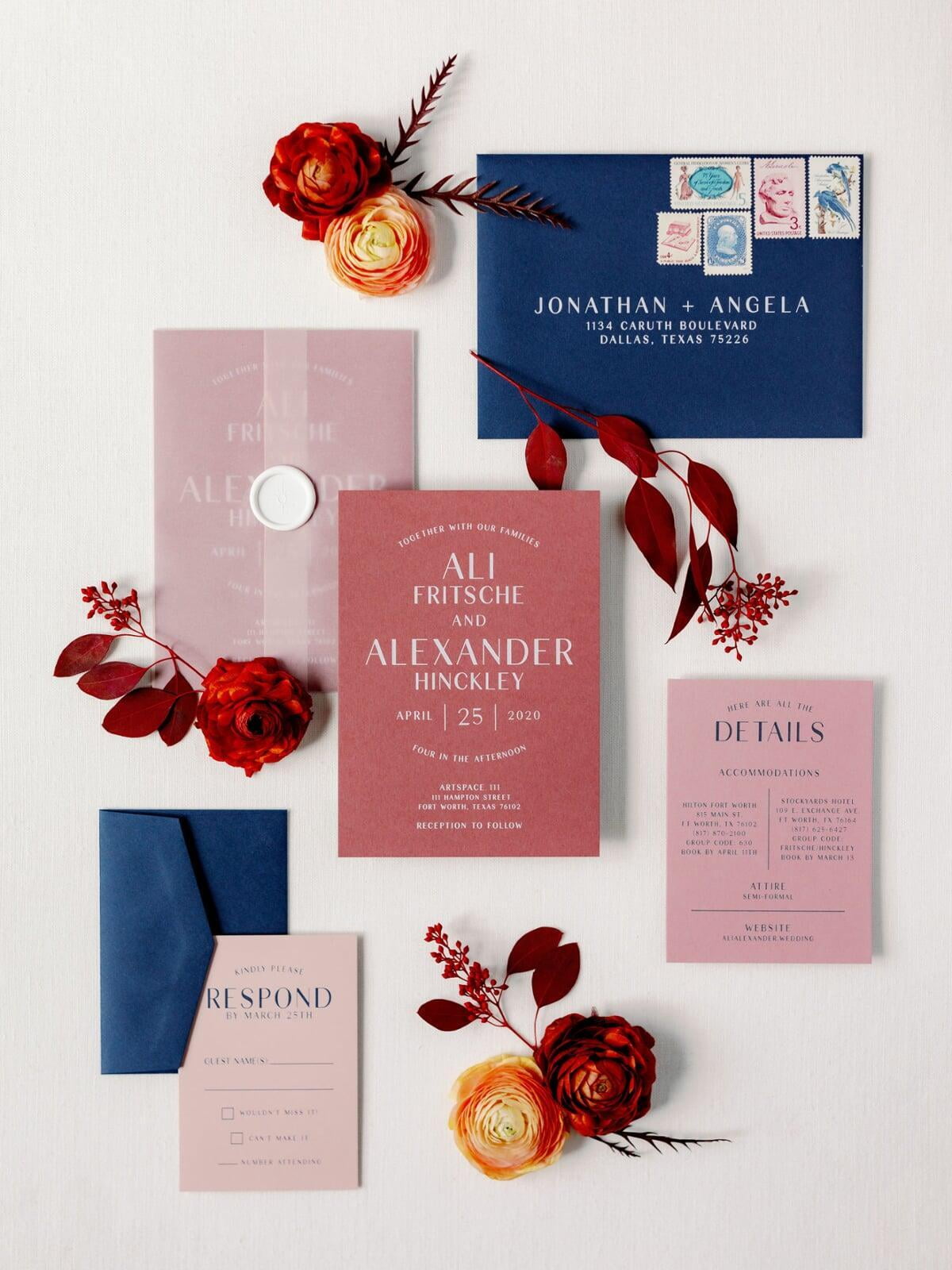Modern Minimal Pink Vellum Wrapped Invitation in Dusty Pomegranate, Peachy Pink and Navy Blue with Wax Seal