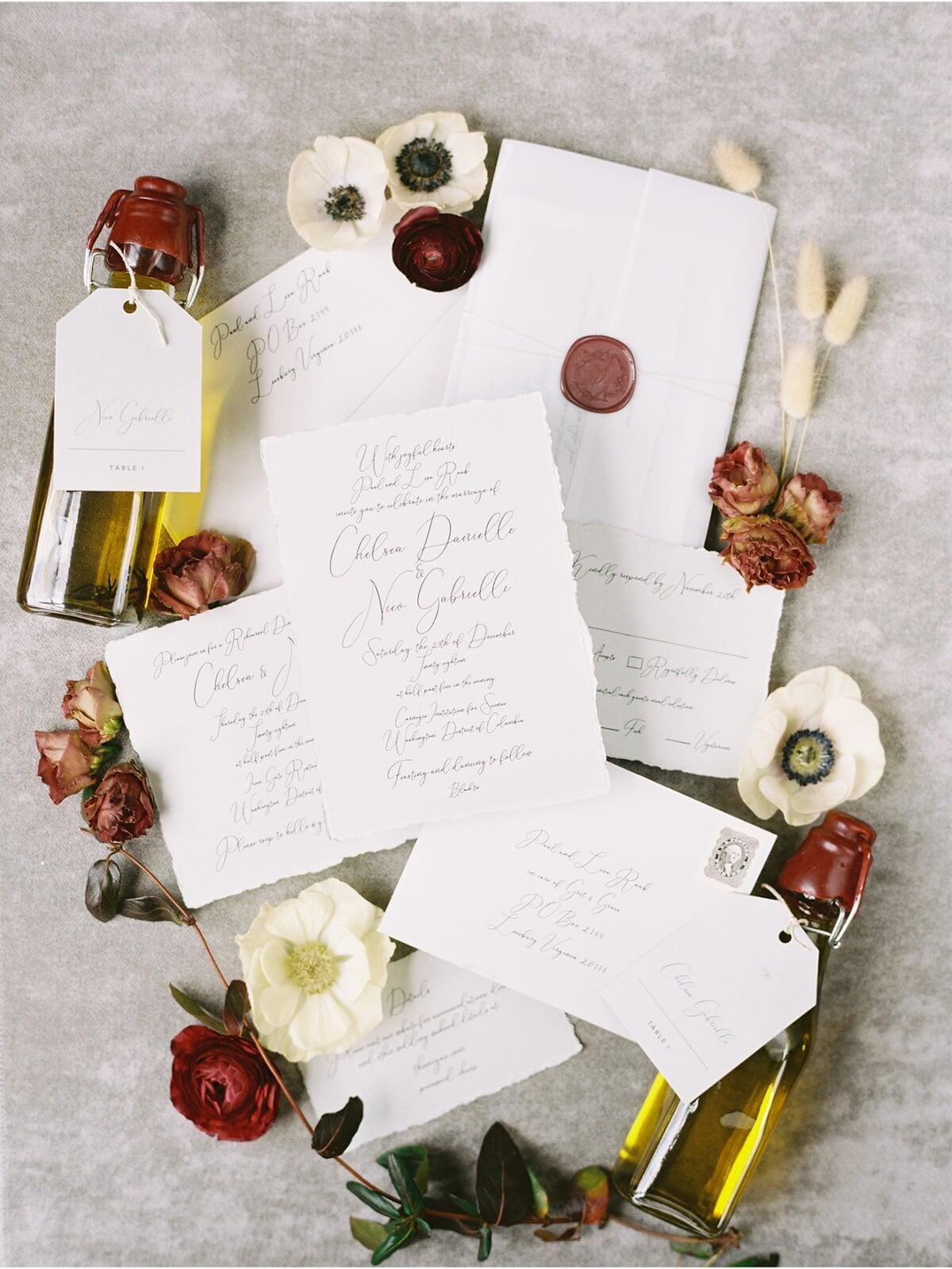 Shades of Grey Calligraphy Wedding Invitation with Vellum Wrap, Deckled Edges on Gray, Modern and Minimal with Burgundy Wax Seal