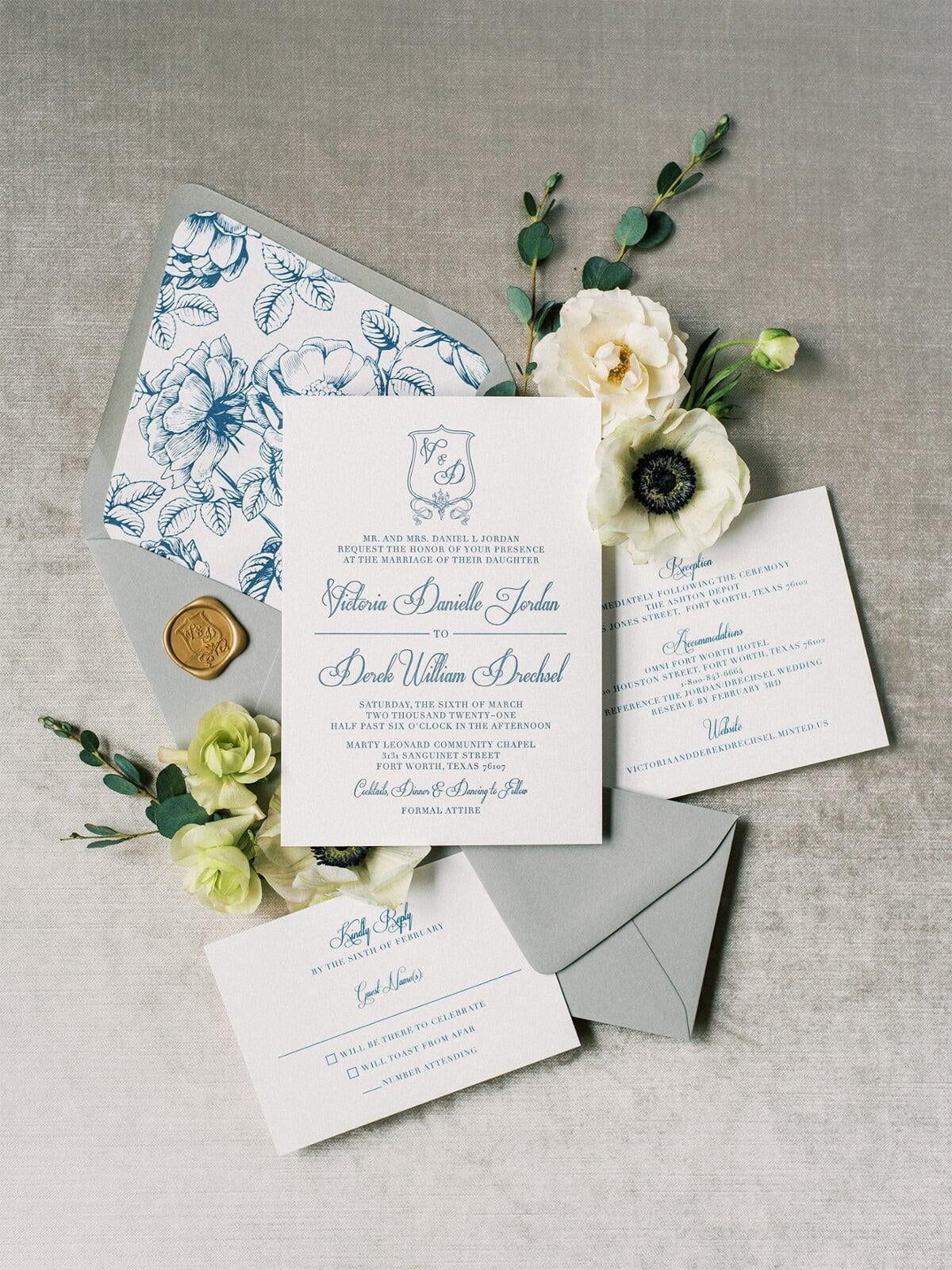 Slate Blue Navy and Gray Letterpress Invitation with Monogram and Floral Envelope Liner