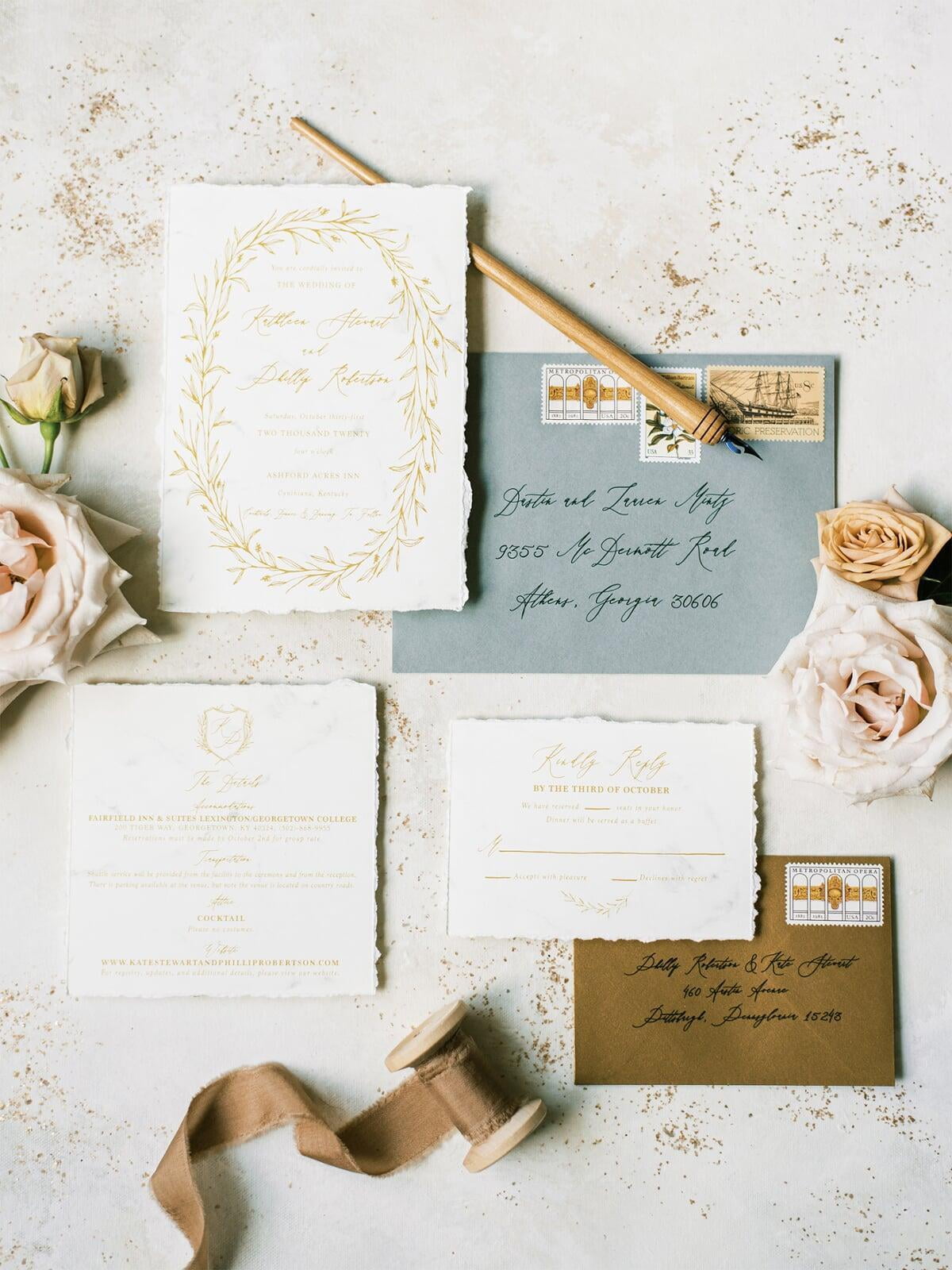 Torn Edges Marble Wedding Invitation in Ivory, Antique Gold and Sage Green, with Calligraphy Wreath Monogram Crest, Envelope Liner and Addressing