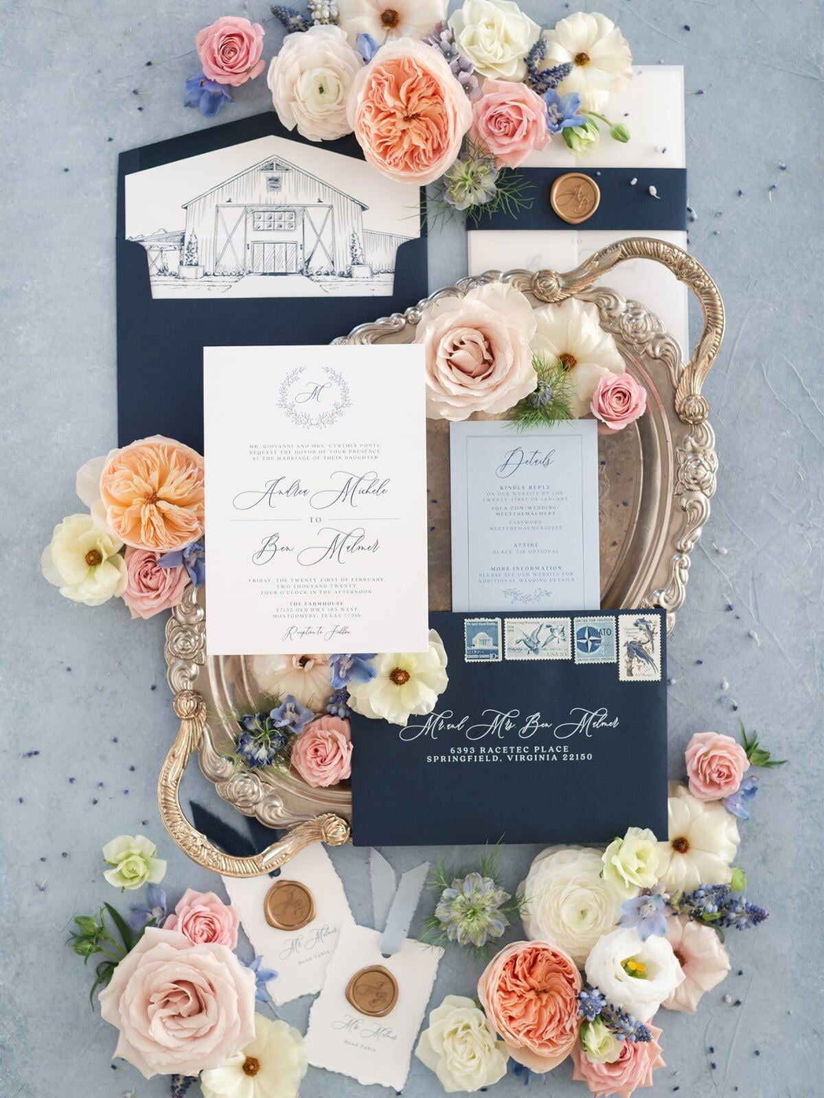 Vellum Wrapped Wedding Invitation, Navy Blue Band and Gold Wax Seal, Features Sketch Drawn Venue Illustration on Envelope Liner