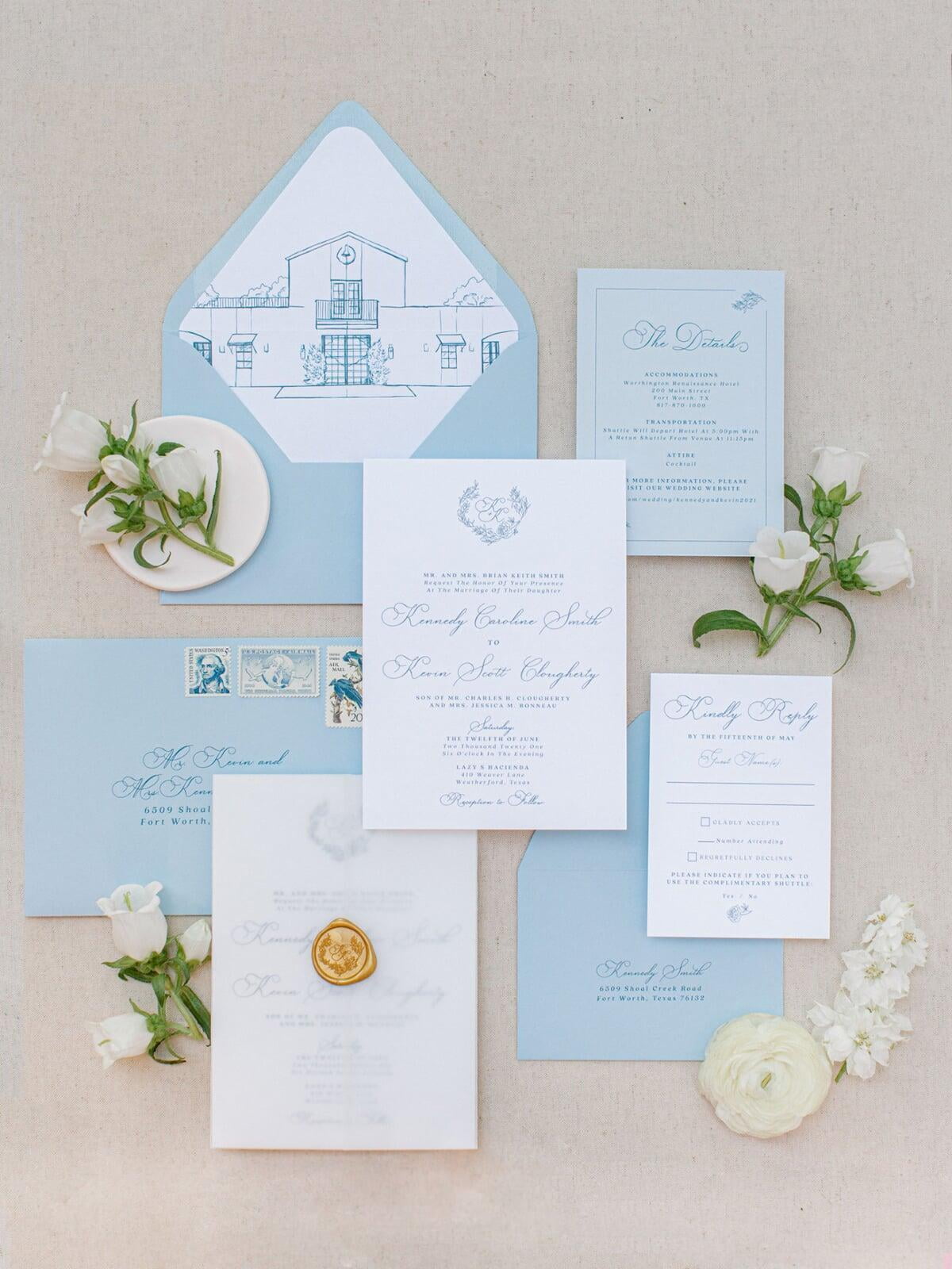 Vellum Wrapped Wedding Invitation with Custom Venue Sketch and Gold Wax Seal in Pale Blue
