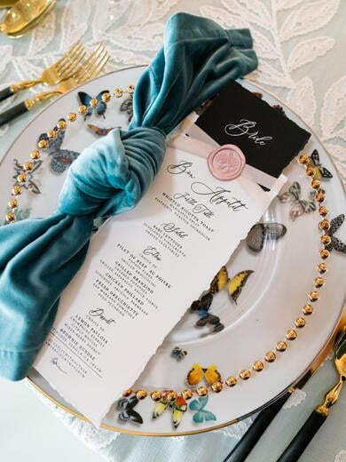 Black and White Menu Place Card Combination with Ribbon and Wax Seal