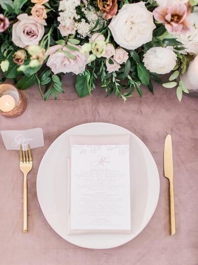 Blush Pink and White Floral Wedding Menu with Simple Modern Calligraphy Script