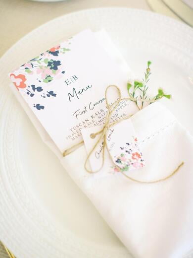 Bright Floral Menu with Place Card Tag, Tied with Twine