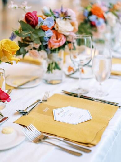 Brightly Colored Hexagon Wedding Menu and Clear Place Card.jpg