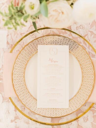 Classic Wedding Crest Monogram Menu in Blush and Gold