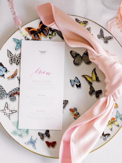 Colorful Butterflies Menu with Fuschia Calligraphy Script