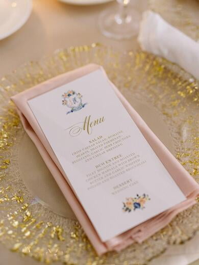 Custom Water Color Crest Wedding Monogram at Top of Formal Menu in Navy, Gold and Blush