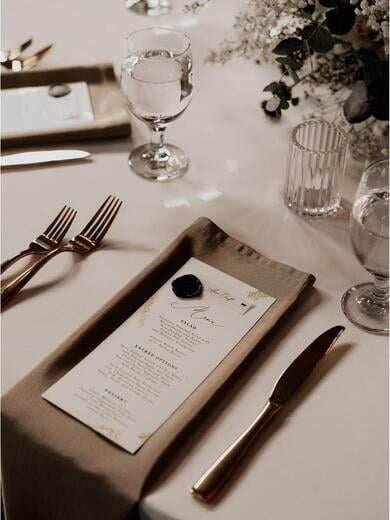 Gold Foil Flake Menu with Vellum Place Card and Wine Wax Seal