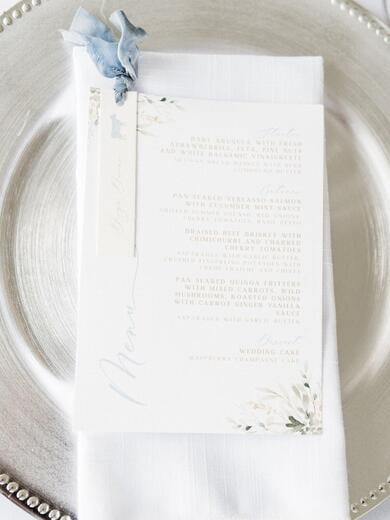 Greenery Menu with Place Card and Meal Choice Attached with Blue Silk Ribbon
