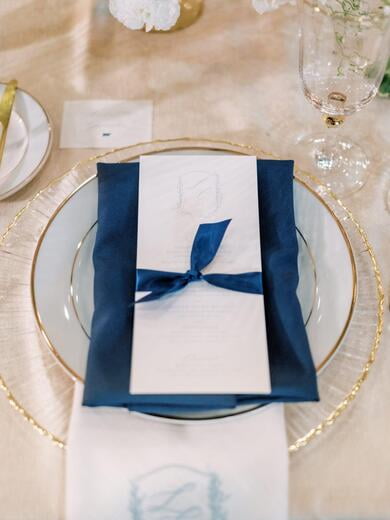 Menu with Custom Monogram Crest in Dusty Blue and Navy Satin Ribbon