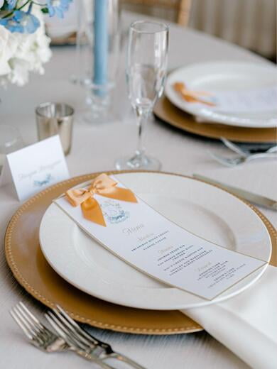 Menu with Gold Satin Bow and Blue Water Color Custom Monogram Crest