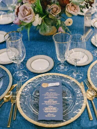 Cobalt Blue, Deckled Edge Menu with Gold Foil Print and Place Card with Wax Seal