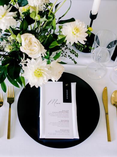 Modern, Simple, Minimalist Black and White Menu with Place Card Attached