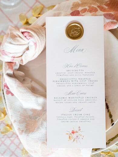 Pale Pink Menu with Floral and Gold Wax Seal