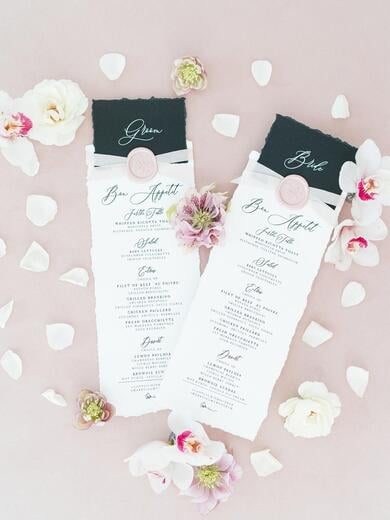 Place Card and Wedding Menu Combination in Black, White and Blush with Torn Edges, Calligraphy Script and Wax Seal, Printed Menu