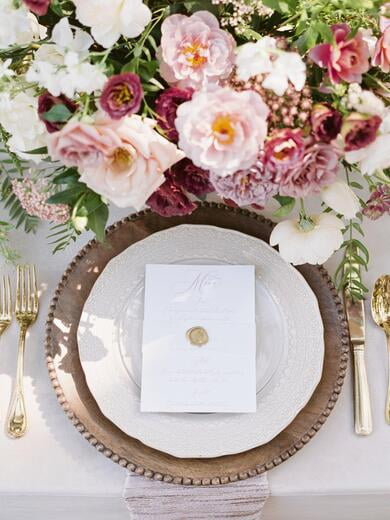 Romantic, Deckled Edge Calligraphy Menu with Vellum Belly Band and Wax Seal in dusty Rose, Blush Pink and White