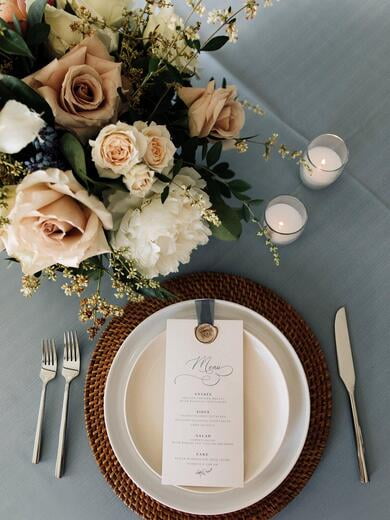 Shades of Blue Wedding Menu with Soft Dusty Blue Calligraphy Script on White Paper