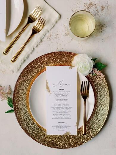 Simple Black and White Wedding Menu with Hand Placed Gold Foil Flakes
