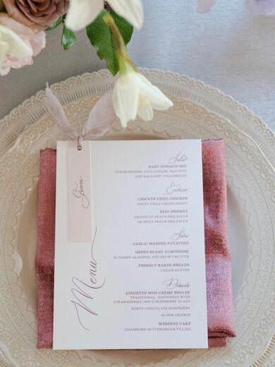 Simple Menu with Pale Pink Place Card and Mauve Silk Ribbon