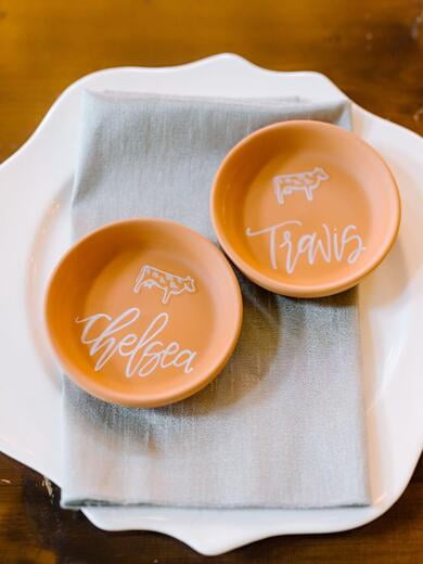 Terra-Cotta Dishes with Stickers of Sketch Icons of Meal Choices