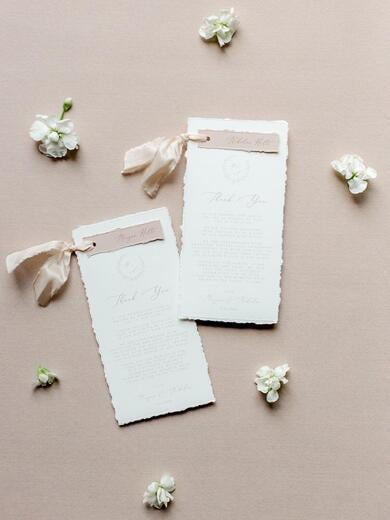 Thank You with Deckled Edge Place Cards and Silk Ribbon in Blush and Gold