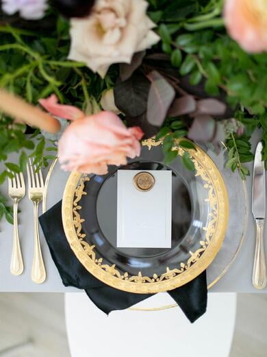 Vellum and Grey Place Card, White Ink with Gold Wax Seal