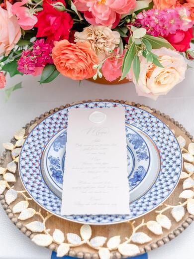 Vintage Grey Wedding Menu with Ripped Edges, Delicate Calligraphy Script and White Wax Seal Menu