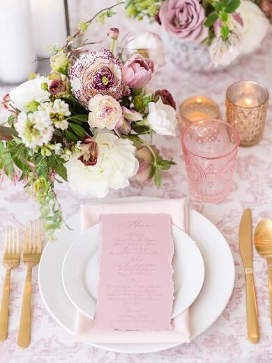 Elegant Monogrammed Blush Pink, with Ripped Edges, Formal Script, Wedding Menu