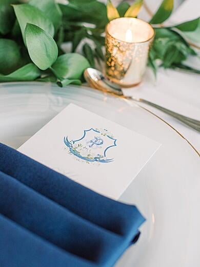 Water Color Monogram Wedding Menu in Blue and White