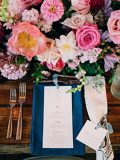 Wedding Menu in Copper, Blue and Blush with Meal Choice and Ribbon