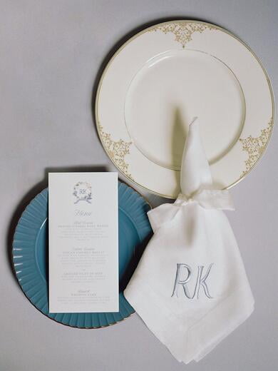 Wedding Menu with Shades of Blue and Ivory Water Color Monogram Wreath.jpg