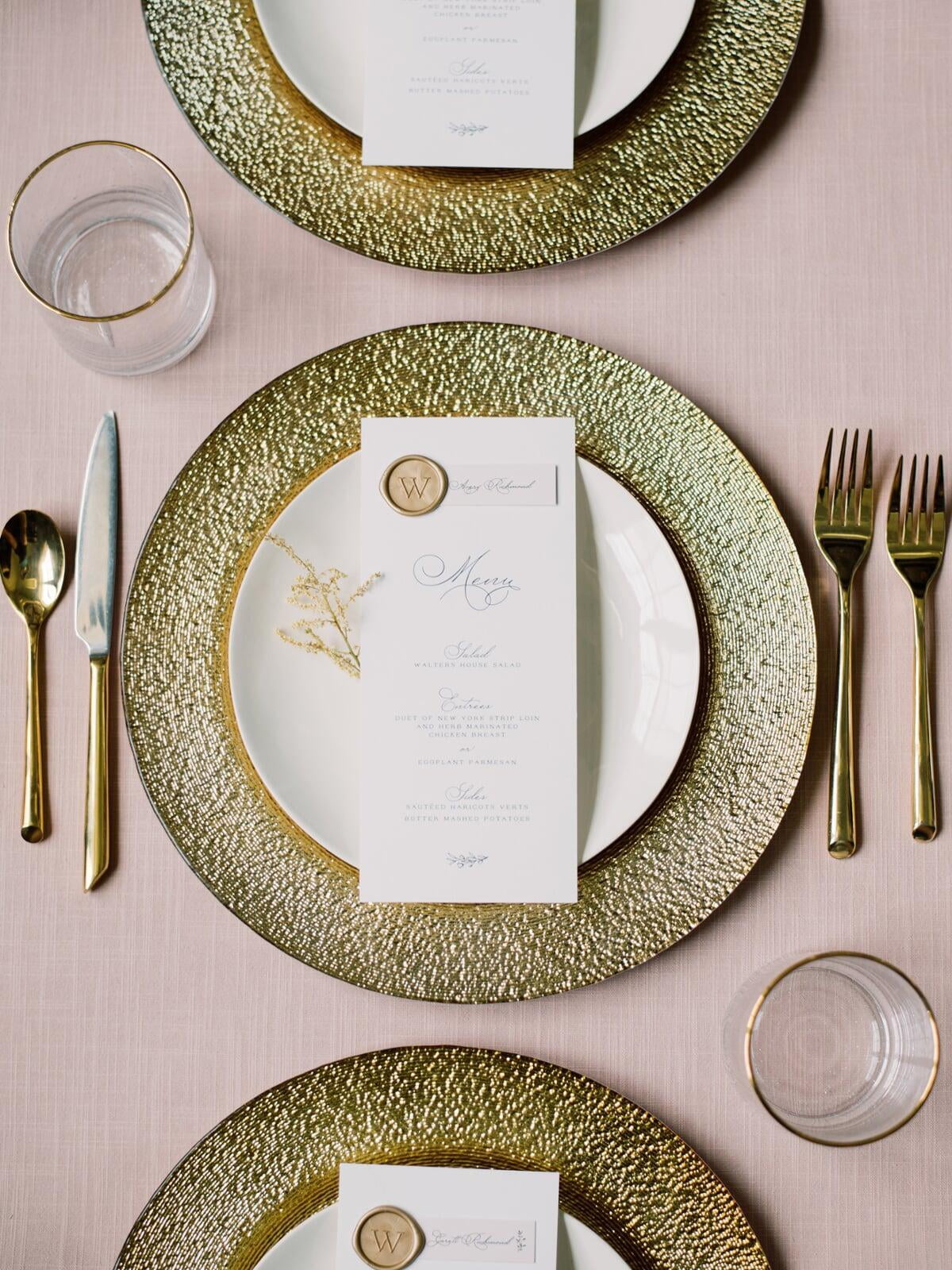 Classic Wedding Menu with Blush Place Card and Gold Wax Seal