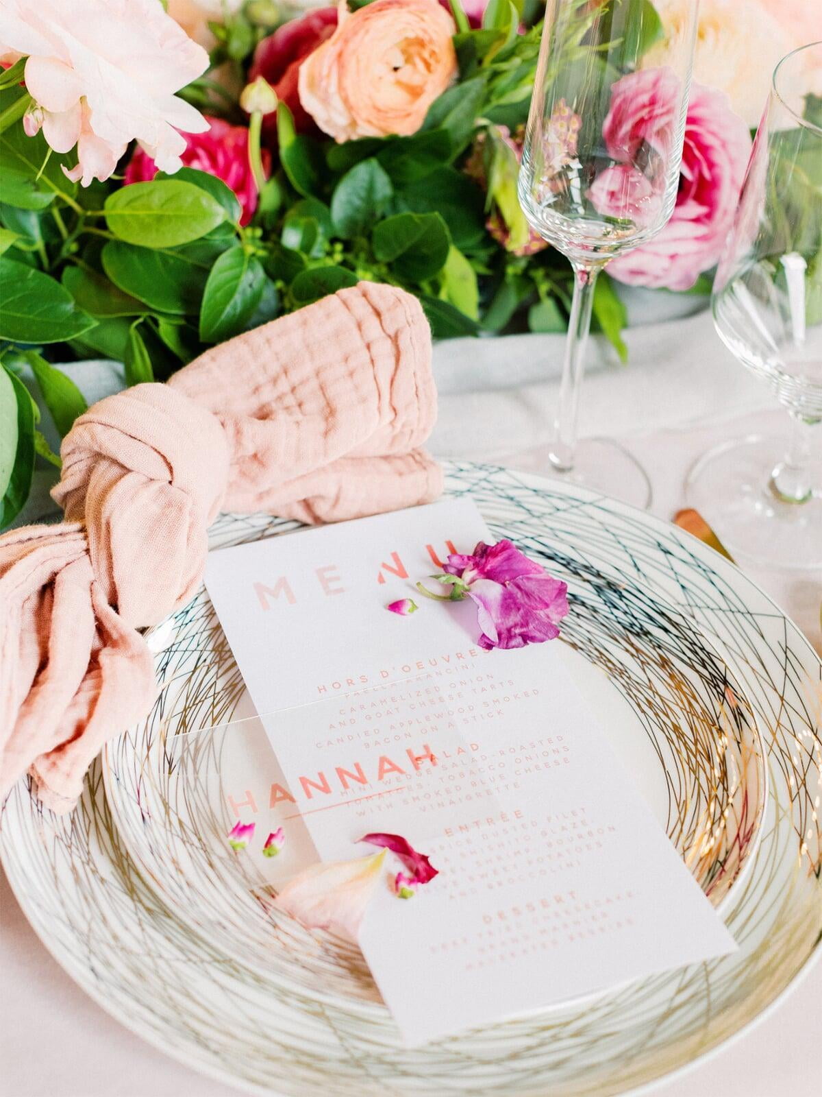 Modern Sans Serif Menu and Clear Transparent Wedding Place Card
