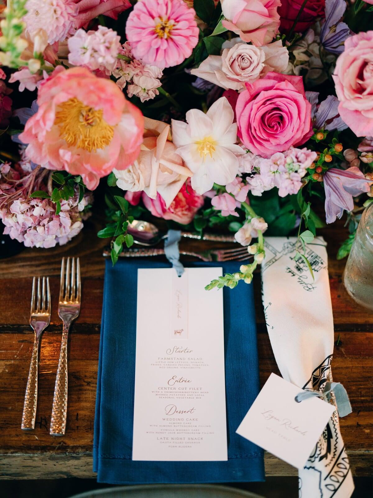 Wedding Menu in Copper, Blue and Blush with Meal Choice and Ribbon